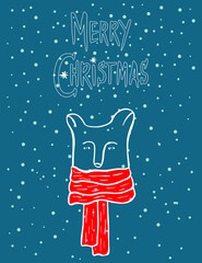 Fototapeta na wymiar Cute cartoon polar bear in warm red scarf with Merry Christmas elegant modern brush handwritten lettering. Line art character for Christmas winter holidays greeting card. Blue background and white sno