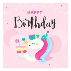 Unicorn Happy Birthday word lettering with cake card background. Little white Cartoon rainbow horn dotted Hand drawn cute doodle vector illustration.