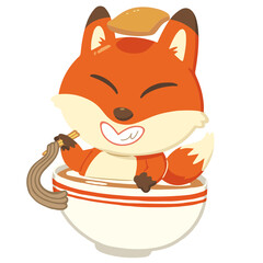 どんぶりの中に入って、そばを食べている赤いキツネ。線なし。