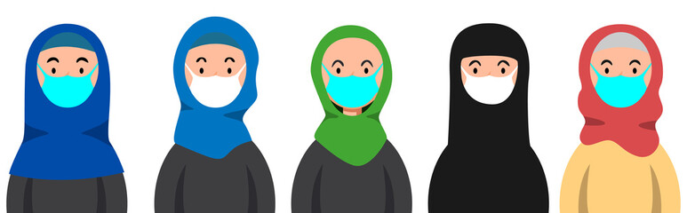 Muslim women in masks. People in medical masks, virus protection.
