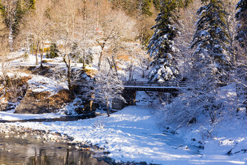 Fototapeta premium Beautiful sunny winter landscape at Caucasus mountains.