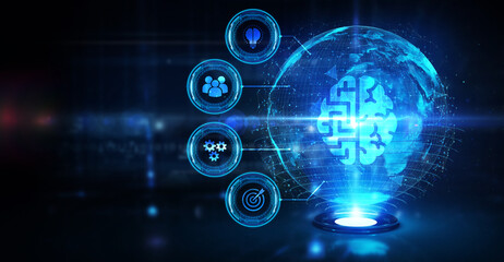 Artificial intelligence (AI), machine learning and modern computer technologies concepts. Business, Technology, Internet and network concept.