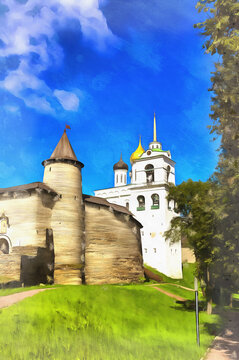 Summer view on Pskov Kremlin colorful painting, Pskov, Russia