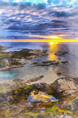 Scenery landscape of Barents sea shoreline colorful painting looks like picture.