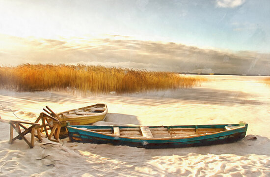 Winter landscape with ice lake and boat colorful painting