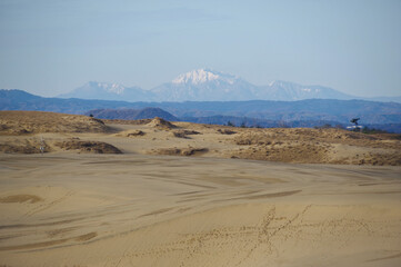 Fototapeta na wymiar 鳥取砂丘から見る雪を被った大山