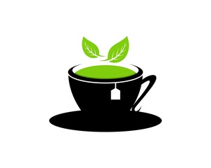 Black cup with green tea and nature leaf