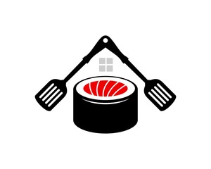 House with cross spatula and japanese sushi inside