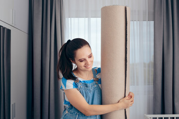 Cheerful Woman Holding New Carpet in Nursery Room