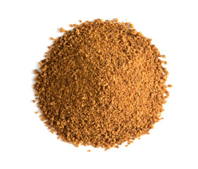 Closeup on a heap of Coconut Sugar. Top View. Isolated on White. Dehydrated Sap of the Coconut Palm Tree.