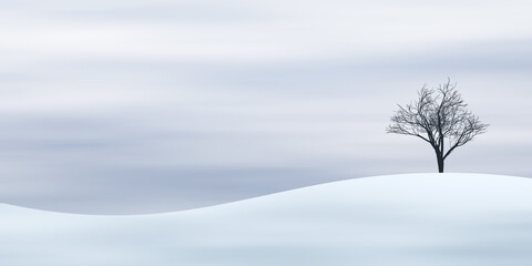 Minimalistic winter landscape. Snowy hill and one tree. Vector illustration.