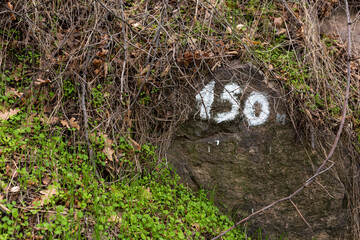 Obraz premium Number 150 written on a rock next to green autumn forest along hiking walking trail in Plovdiv, Bulgaria