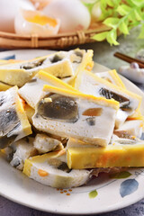 Sliced three-color eggs on the plate