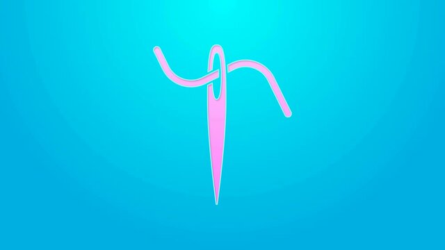 Pink line Needle for sewing with thread icon isolated on blue background. Tailor symbol. Textile sew up craft sign. Embroidery tool. 4K Video motion graphic animation