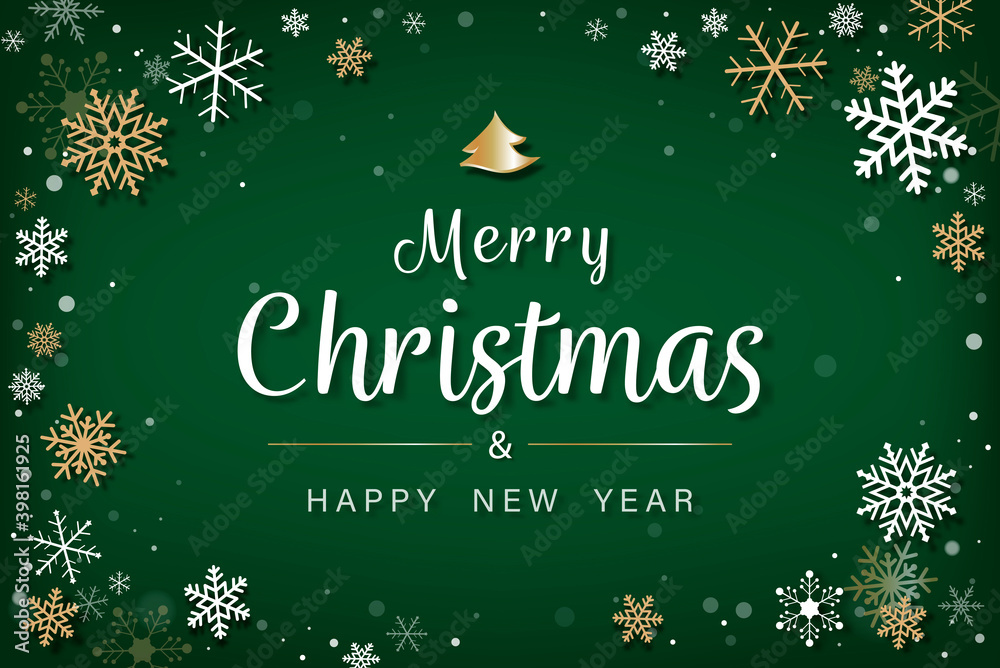 Canvas Prints merry christmas and happy new year text with white and gold snowflake on green background