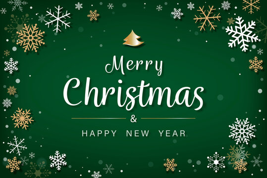 Merry Christmas and happy new year text with white and gold snowflake on green background