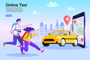 Online ordering taxi car, rent and sharing using service mobile application. Urban taxi service. Flat vector illustration.