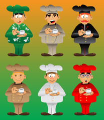 Fat male cartoon chef in uniform holding a cup of coffee. Vector illustration.