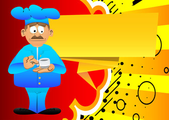 Fat male cartoon chef in uniform holding a cup of coffee. Vector illustration.