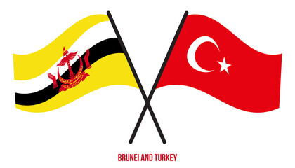 Brunei and Turkey Flags Crossed And Waving Flat Style. Official Proportion. Correct Colors.