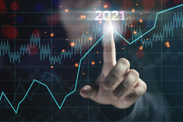 Stock market graph business disclosure for 2021. Business people touch money graph with their hands Forex investment business technology ideas