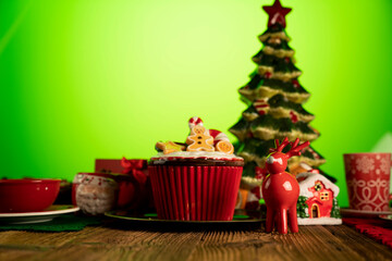 Christmas background. Christmas tableware and decorations on rustic wooden table.