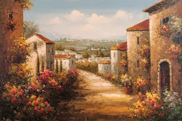 Schilderijen op glas Geschilderde Bloemen Oil painting - house by the sea, colorful flowers, summer seascape  © Кирилл Семенов