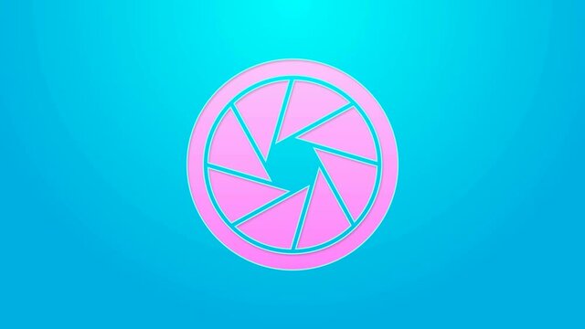 Pink line Camera shutter icon isolated on blue background. 4K Video motion graphic animation