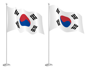 Flag of republic of Korea on flagpole waving in wind. Holiday design element. Checkpoint for map symbols. Isolated vector on white background