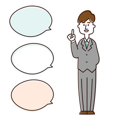 アドバイスするスーツの男性　吹き出し付き（カジュアル）