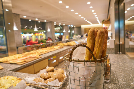MILAN, ITALY - CIRCA NOVEMBER, 2017: bread on display at Farini in Milan. Farini is modern bakery which offers Italian pastry, salads, bowls and pizza