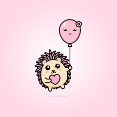 vector design of cute hedgehog character flying with balloons