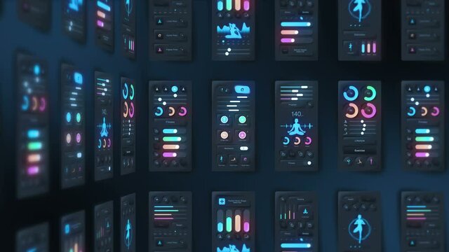 Hi tech panel of yoga application on dark background. Fitness and exercise concept. UI, UX, GUI mobile screens modern infographic. Loop animation.