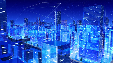 Obraz na płótnie Canvas Digital City Network Building Technology Communication Big data Business 3D illustration Background