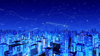 Digital City Network Building Technology Communication Big data Business 3D illustration Background