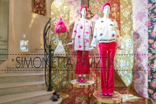 MILAN, ITALY - CIRCA NOVEMBER, 2017: close up shot of Simonetta Ravizza sign on glass at a store in Milan, Italy.