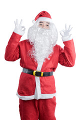 Asian man in Santa costume with OK sign gesture standing