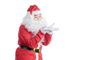 Asian man in Santa costume blow something on his hand