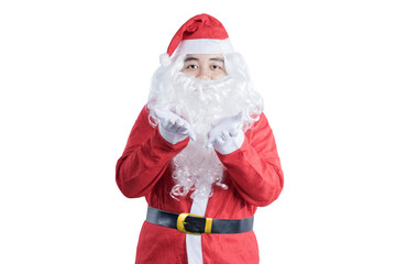 Asian man in Santa costume blow something on his hand