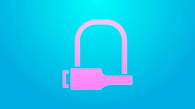 Pink line Bicycle lock U shaped industrial icon isolated on blue background. 4K Video motion graphic animation