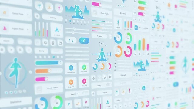 Creative design of yoga application. Neumorphism. Hi tech panel. Fitness and exercise concept. UI, UX, GUI mobile screens modern infographic. Loop animation.