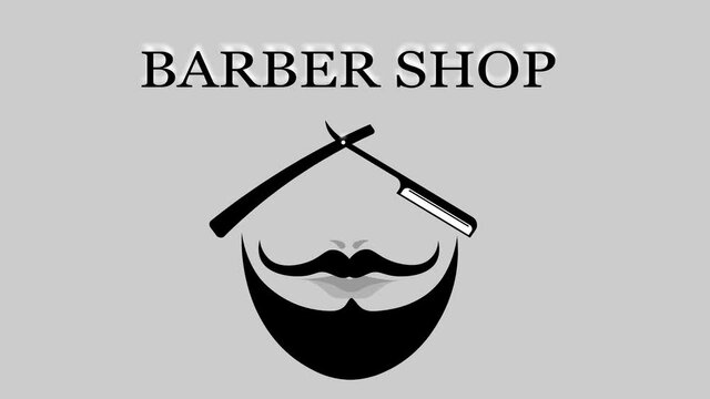 animated barber shop logo for men in the form of a beard face with a razor mustache and lettering