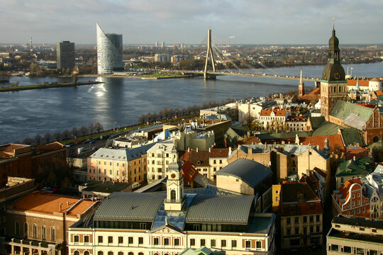View of Kipsala island in Kurzeme District from the opposite side of the river