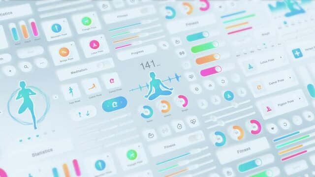 Creative design of yoga application. Neumorphism. Hi tech panel. Fitness and exercise concept. UI, UX, GUI mobile screens modern infographic. Loop animation.