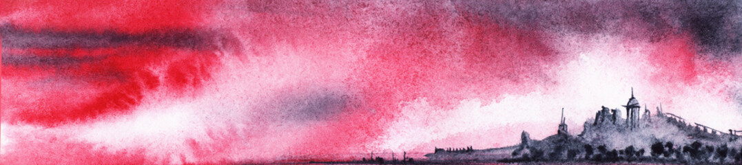 Obraz premium Watercolor landscape of dark blurry silhouettes of distant city against amazing sunset sky of scarlet color with white fluffy and black thunder clouds. Beauty of heaven hand drawn on textured paper.