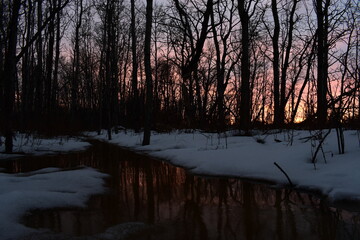 Sunrise over a snowy creek
