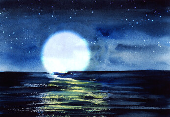 Romantic watercolor landscape of amazing night starry sky with huge full moon above deep dark sea. Calm water surface reflects moonlight. Hand drawn illustration of beautiful night view