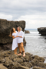 Wife and husband hug each other. Romantic couple in love. Family relation concept. Barefoot couple...