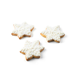 Merry Christmas gingerbread snowflakes cookies isolated on white background. Winter baking at Xmas or New Year holiday