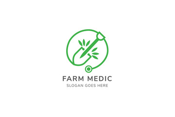 medical farming logo template design use green color. combination of shovel tool, leaf and stethoscope. 